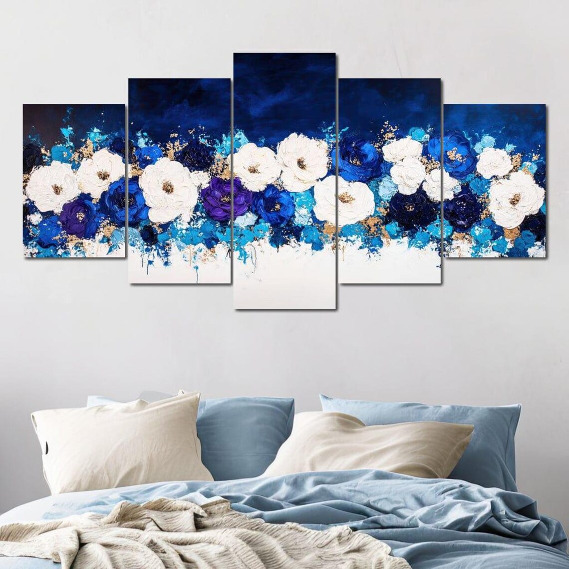 Nocturnal Blue White Purple Flowers Gold Flecks Impasto Floral Poster - Image 4