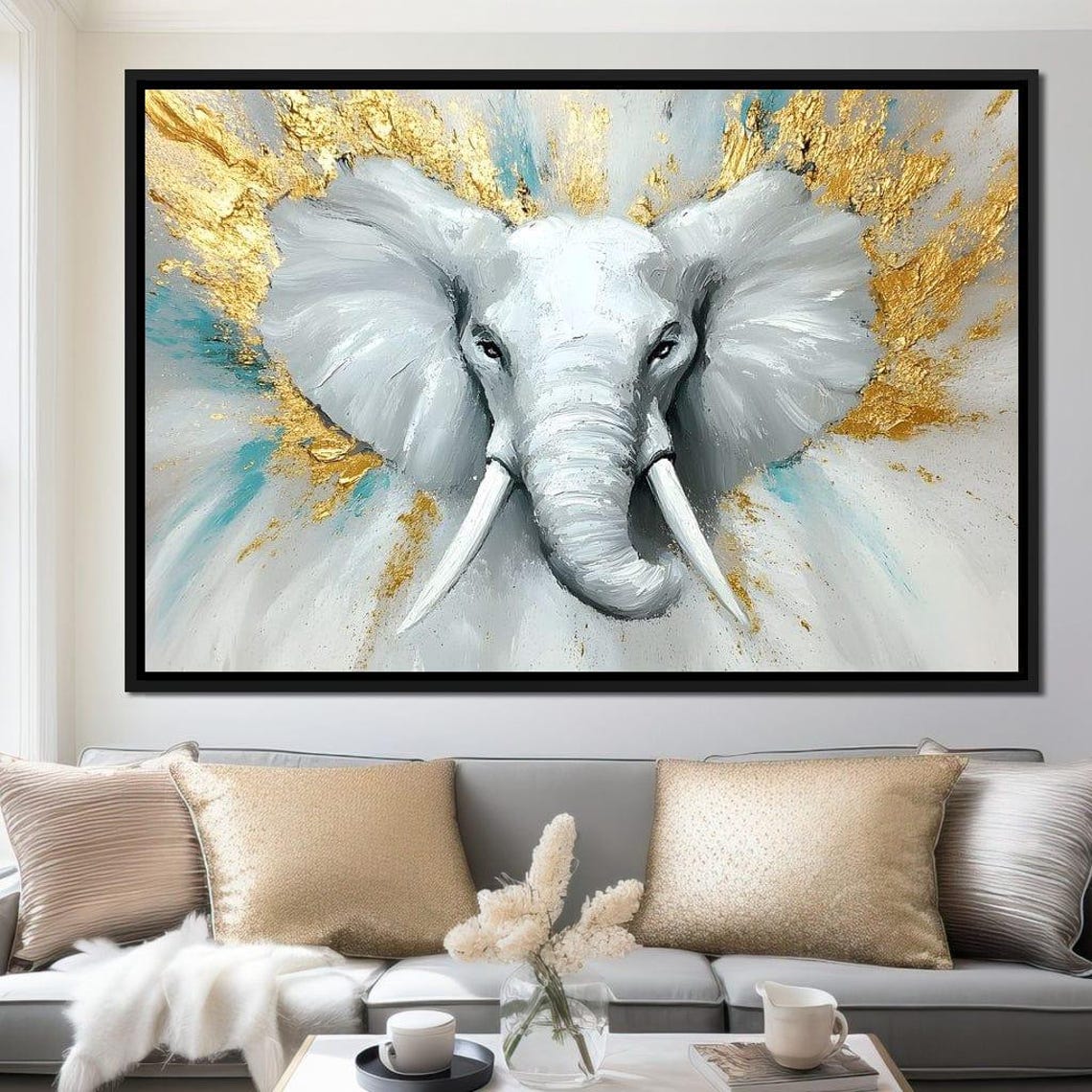 Soft Gray Elephant Head with Gold Leaf on White Framed Poster - Image 3