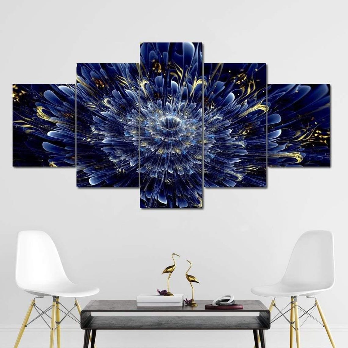Deep Blue Fractal Dahlia Bloom Gold Accents Modern Abstract Poster