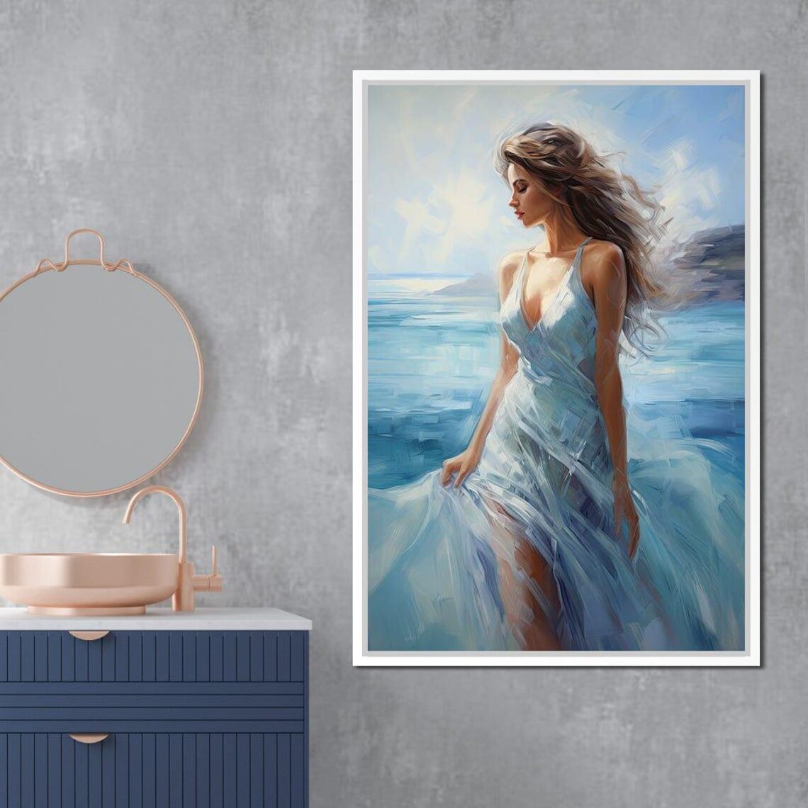 Woman Flowing Blue Dress Ocean Coast Serene Fashion Art Print - Image 4