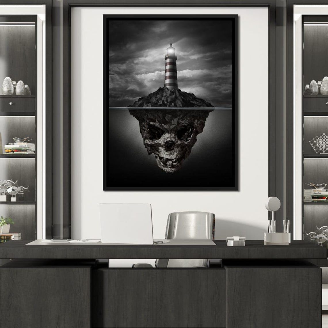 Striped Lighthouse On Skull Shaped Rock Island Surreal Dark Art Poster - Image 2