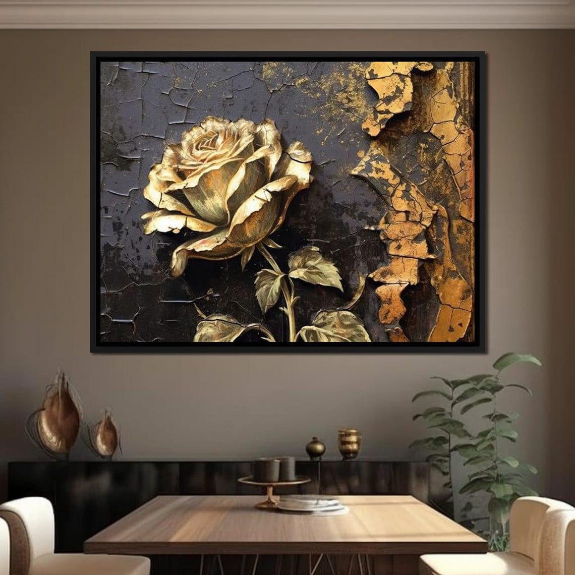 Golden Rose Cracked Black Gold Texture Vintage Botanical Print - Image 2