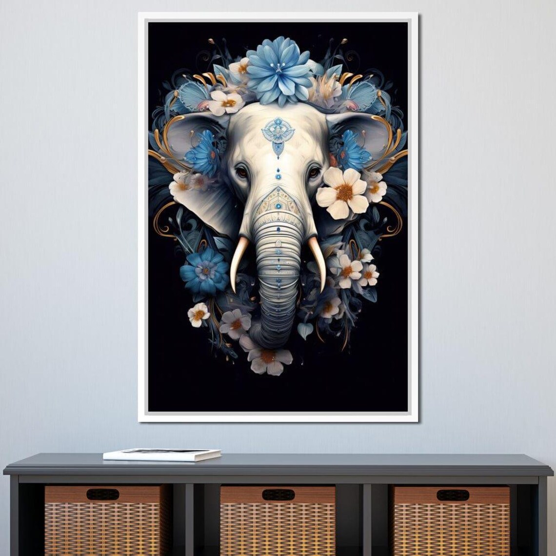 Blue White Floral Elephant Totem Ornate Headdress Spiritual Wall Art Poster - Image 4