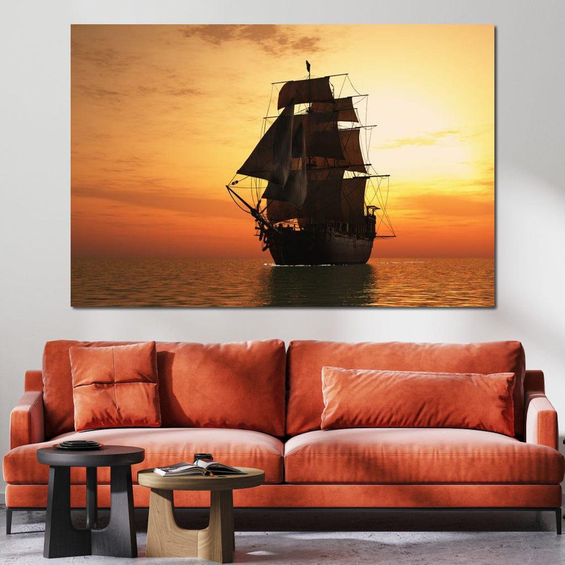 Tall Sailing Ship Silhouette Sailing at Orange Sunset Calm Sea Poster - Image 3