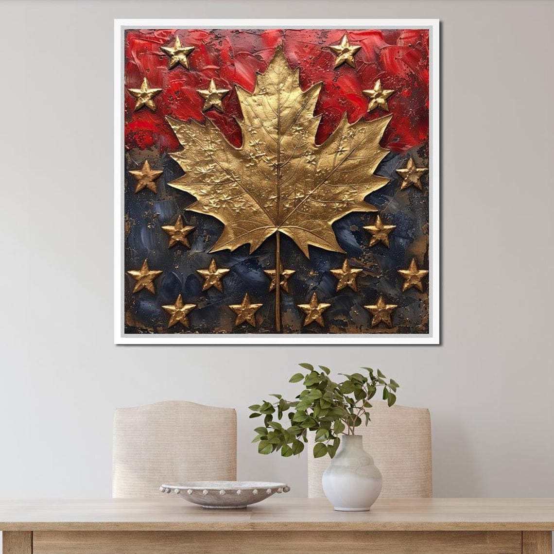 Golden Maple Leaf Stars Red Blue Patriotic Canadian Pride Art Poster