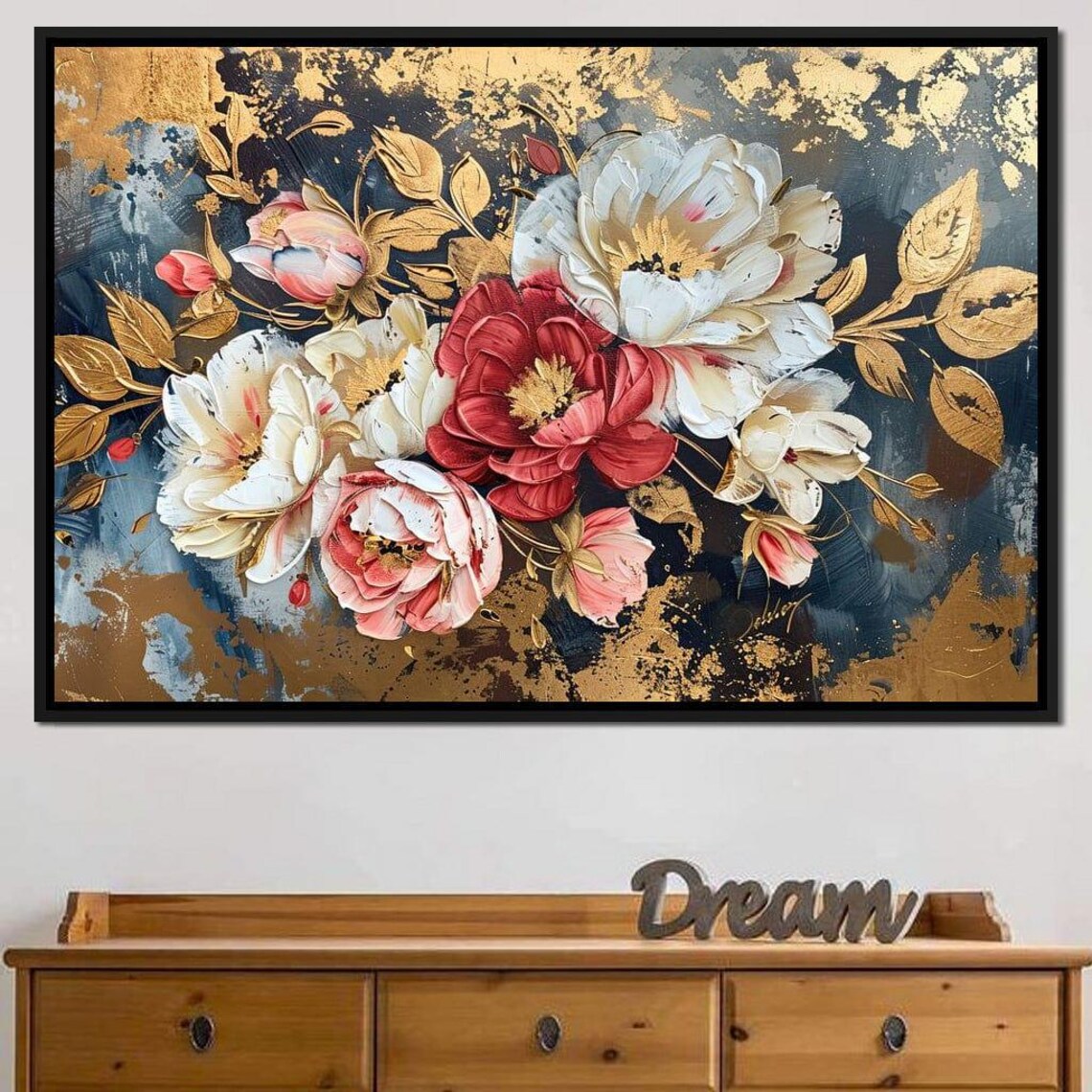 Red White Pink Peonies Gold Leaf Navy Luxury Botanical Print