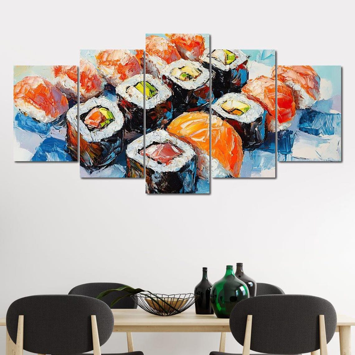 Sushi Maki Rolls Salmon Nigiri Blue Checkered Impasto Kitchen Poster - Image 3