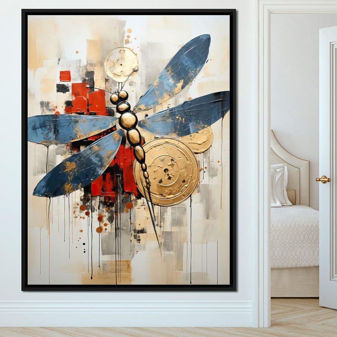 Blue Winged Dragonfly Gold Circles Abstract Modern Nature Art Poster