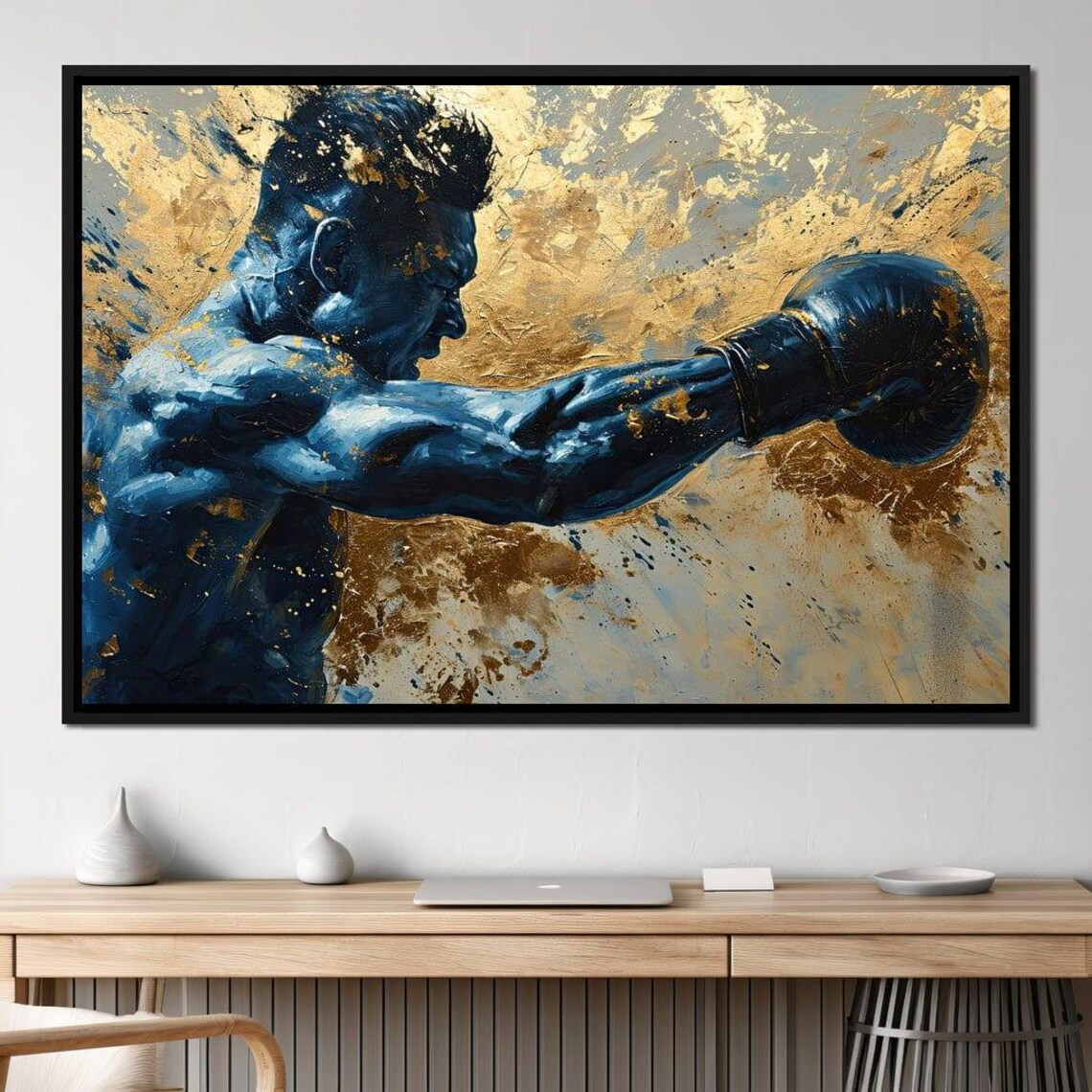 Azure Pugilist Unleashed Blue Boxer Gold Splatter Sports Poster