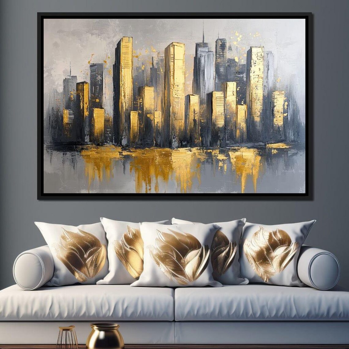 Gold Skyscrapers Gray Water Reflections Modern Urban Abstract Poster - Image 4