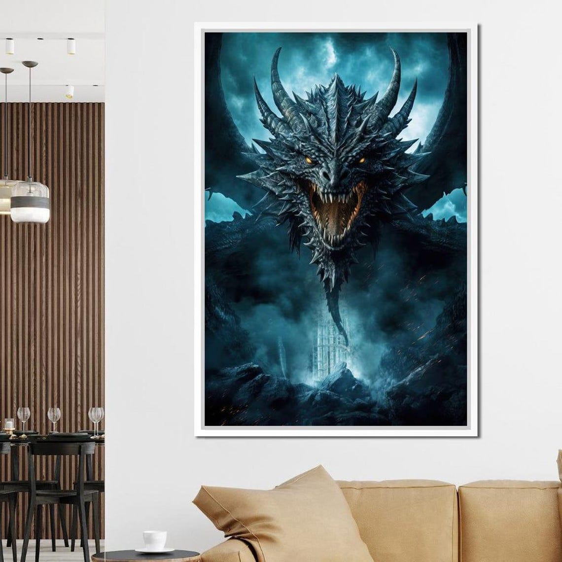 Fierce Blue Dragon Dark Fantasy Head Smoky Mystical Gothic Wall Art - Image 3