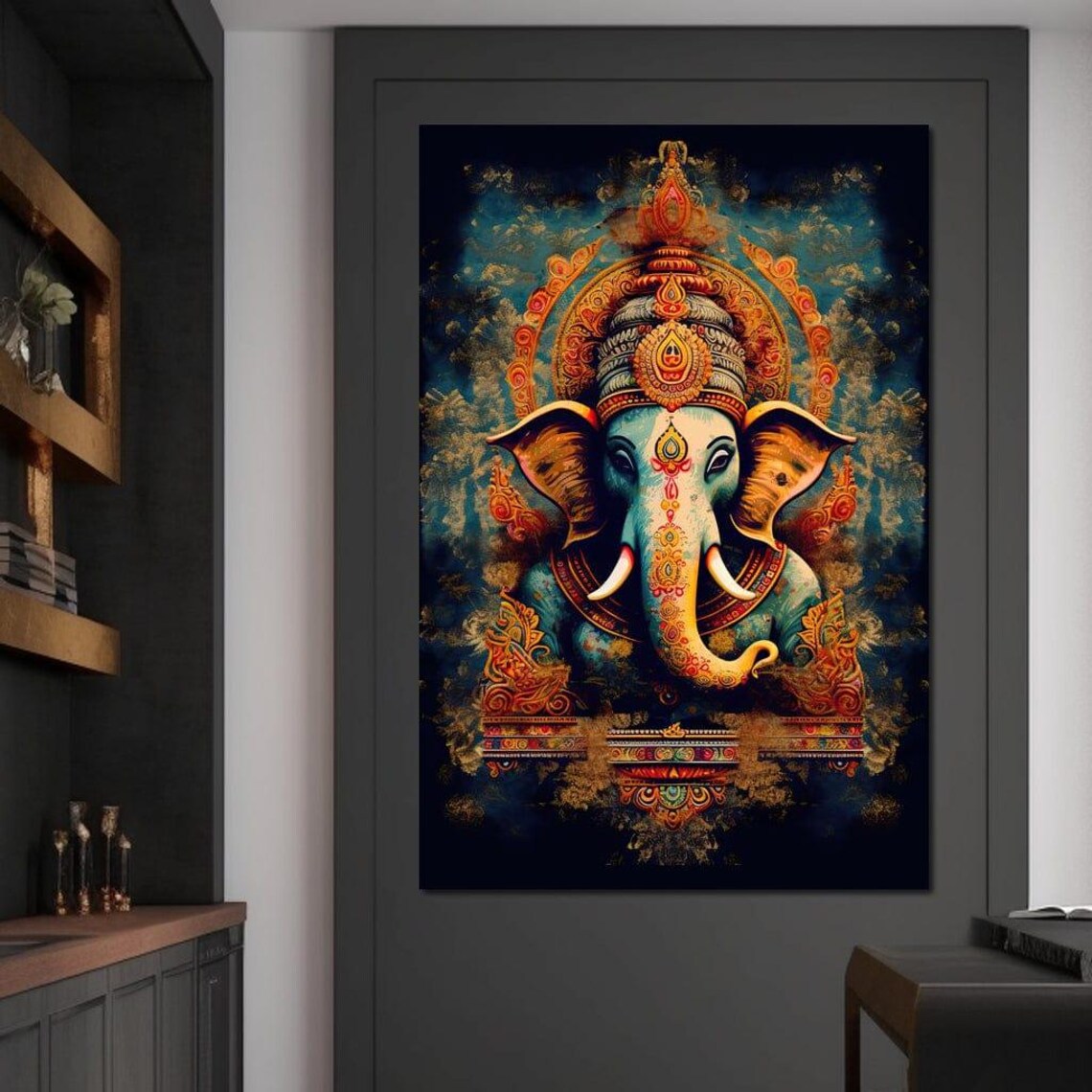 Tranquil Ganesha Golden Crown Teal Cosmic Hindu Deity Poster - Image 4