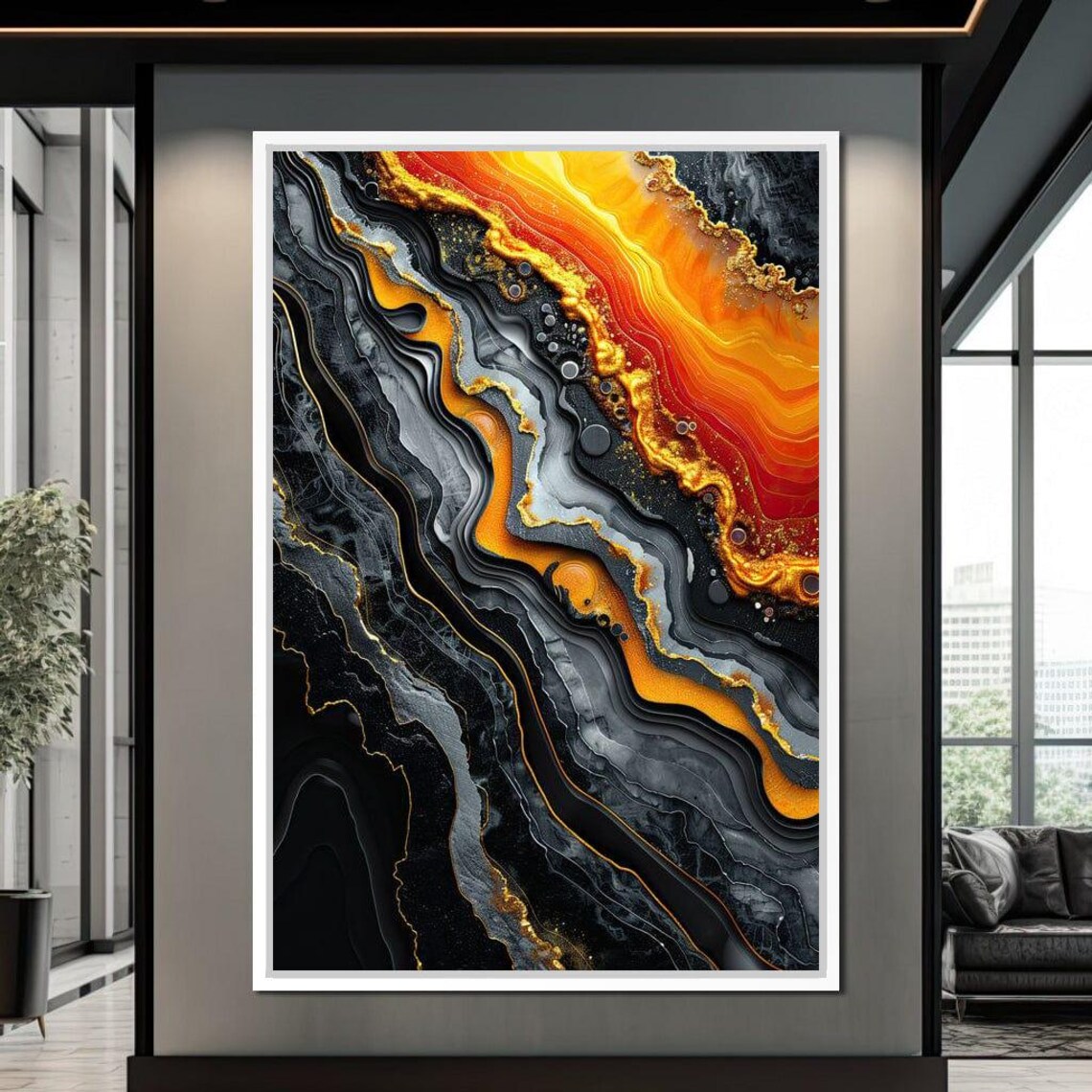 Black Gold Magma Abstract Art Flowing Geode Bands Orange Wall Poster - Image 3