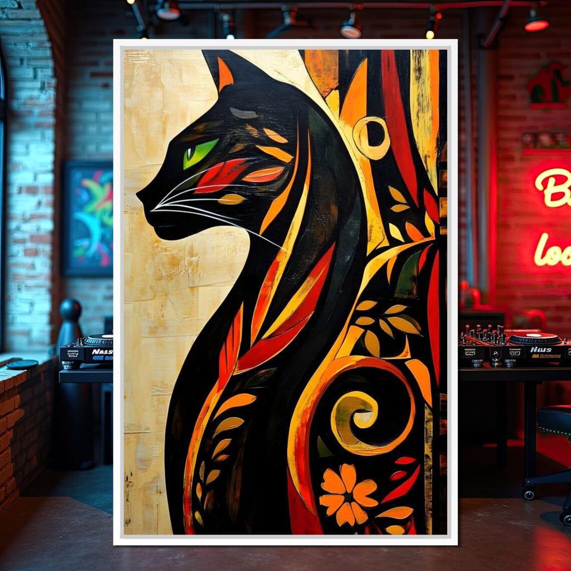Black Cat Profile Stylized Orange Red Foliage Gold Leaf Wall Art Poster - Image 2