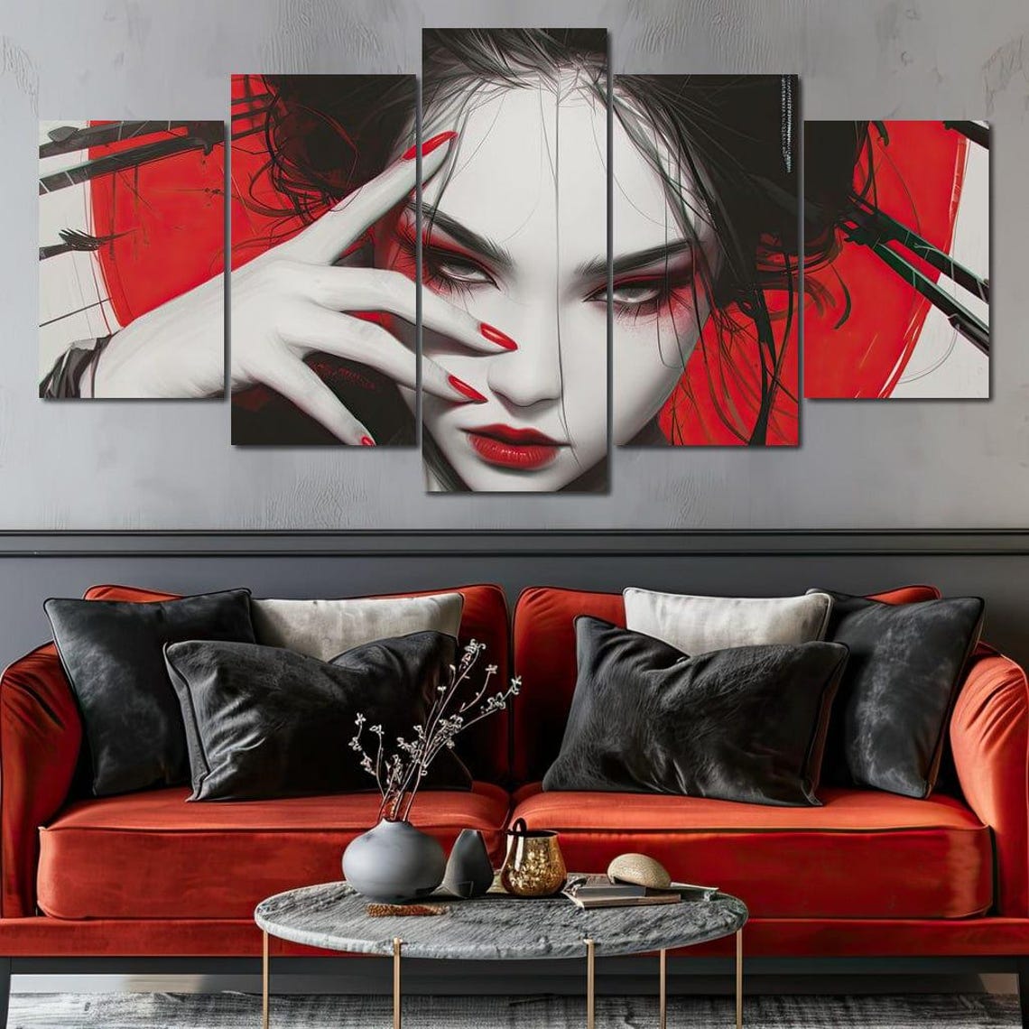 Japanese Geisha Monochrome Red Sun Dramatic Portrait Wall Art Print - Image 4