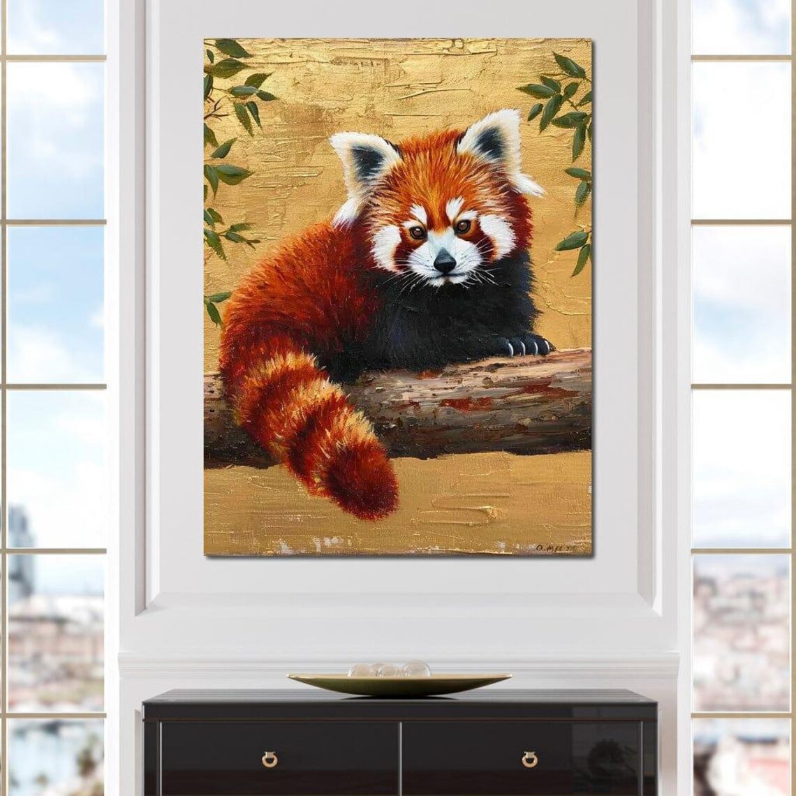 Red Panda Resting On Branch Golden Background Wildlife Art Print - Image 4