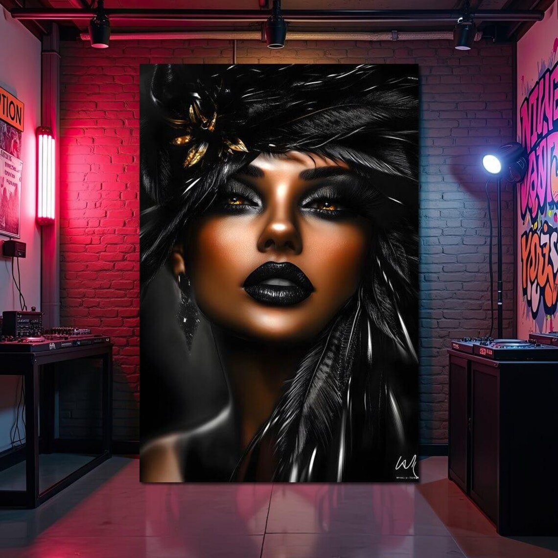 Dark Glamour Woman Golden Eyes Black Feathers Portrait Wall Art Poster
