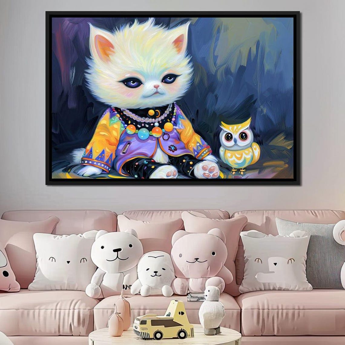 Whimsical Kitten Owl Friends Purple Night Sky Kids Room Art Print - Image 4