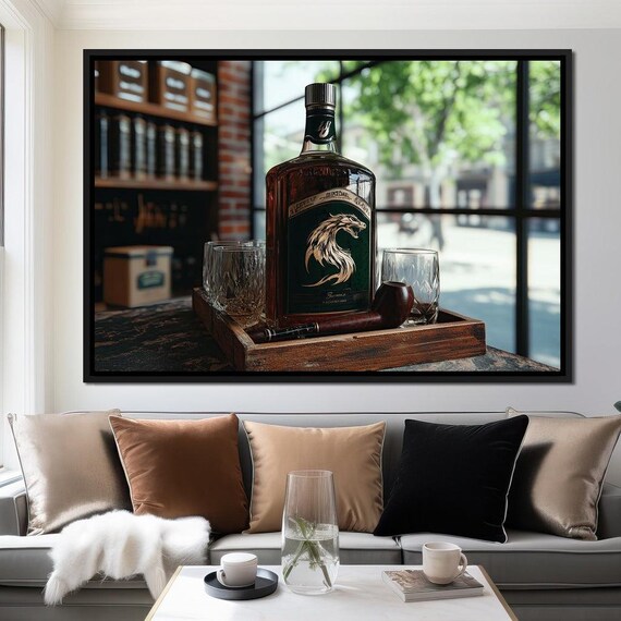 Dragon Label Whiskey Bottle Pipe Crystal Glasses Vintage Bar Art Poster
