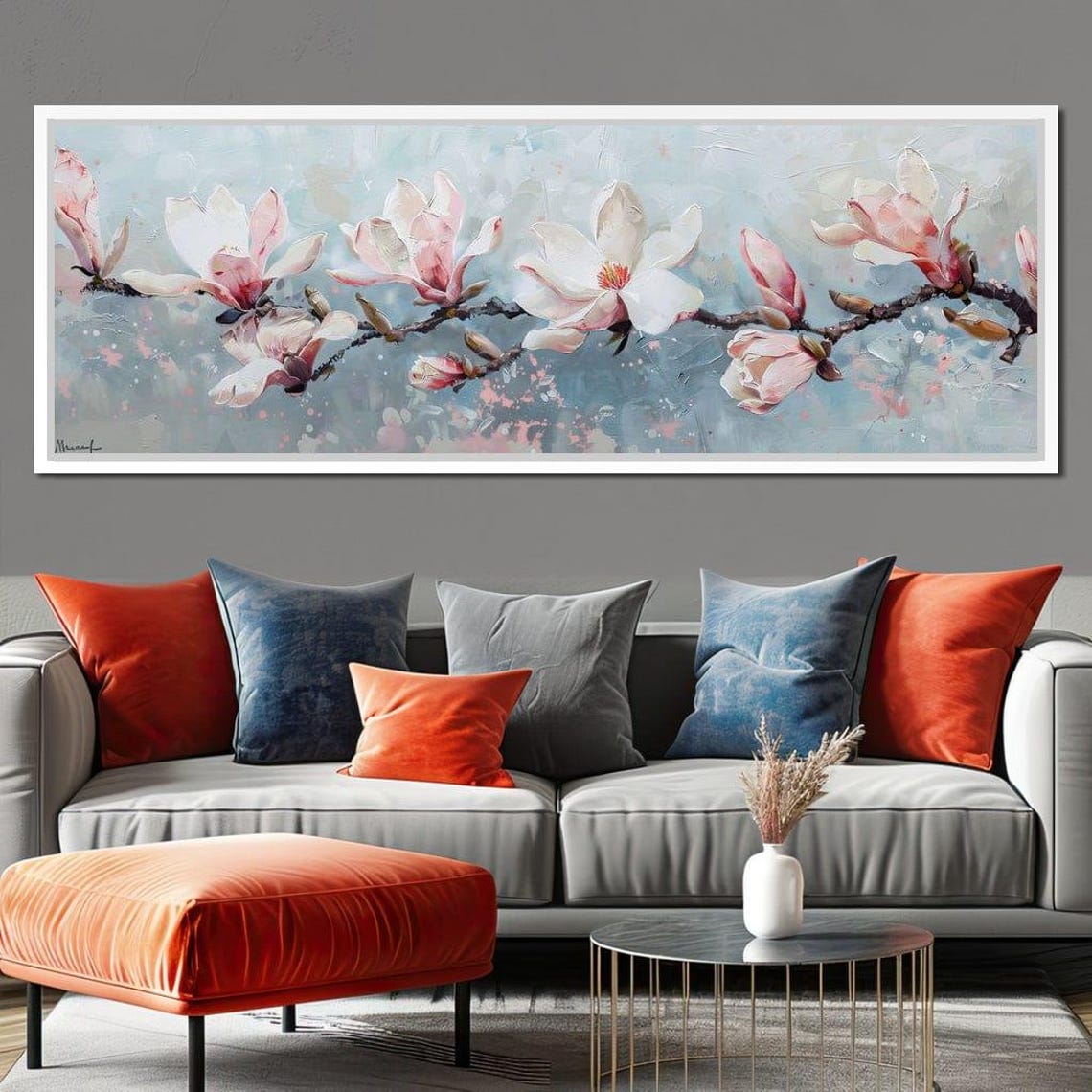 Magnolia Branch Blossoms Pale Blue Panoramic Floral Wall Art Poster - Image 2