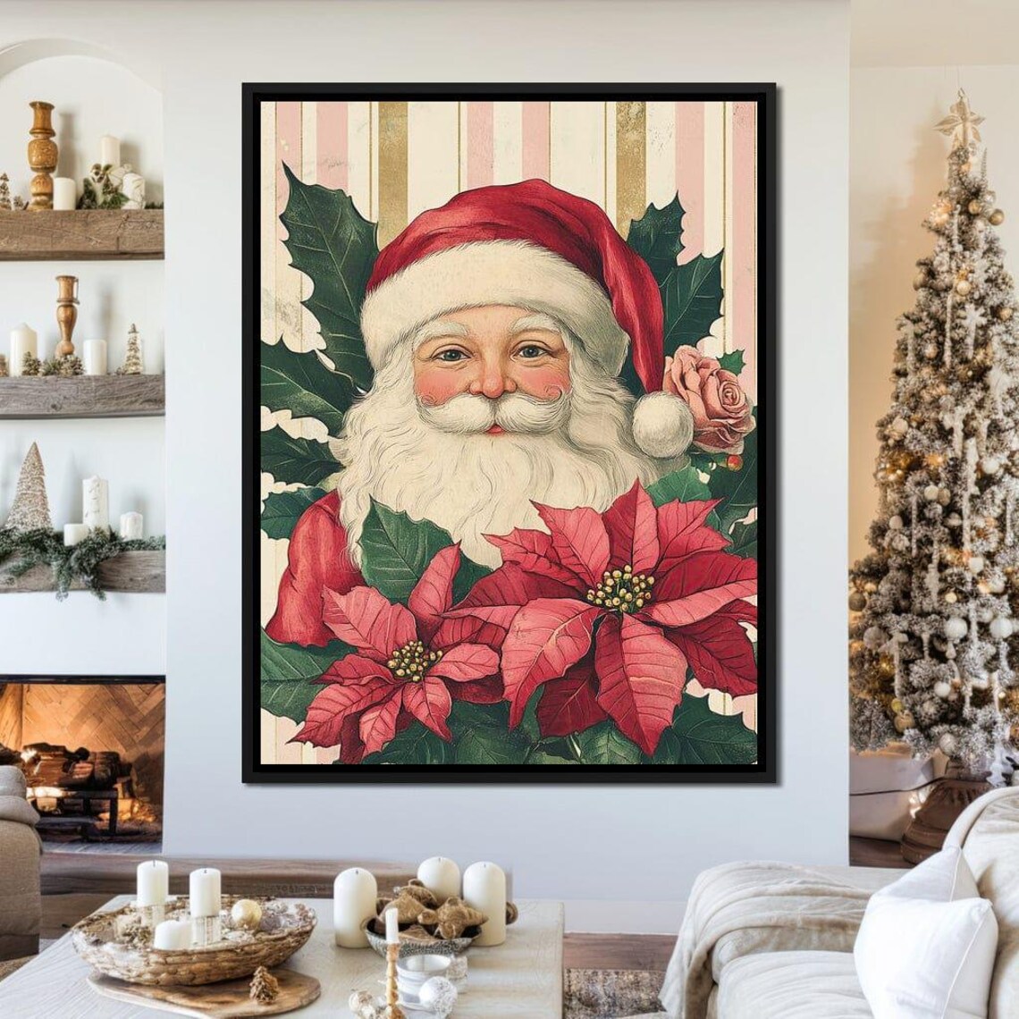 Vintage Santa With Poinsettia And Holly Leaves Classic Xmas Poster - Image 4
