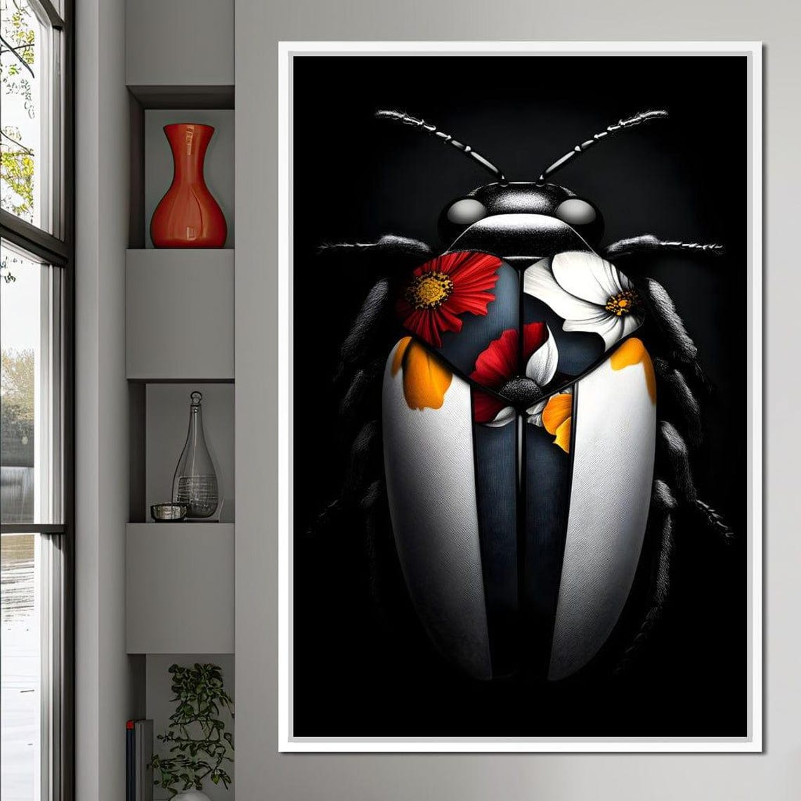 Colorful Beetle With Floral Patterned Wings On A Dark Poster - Image 4