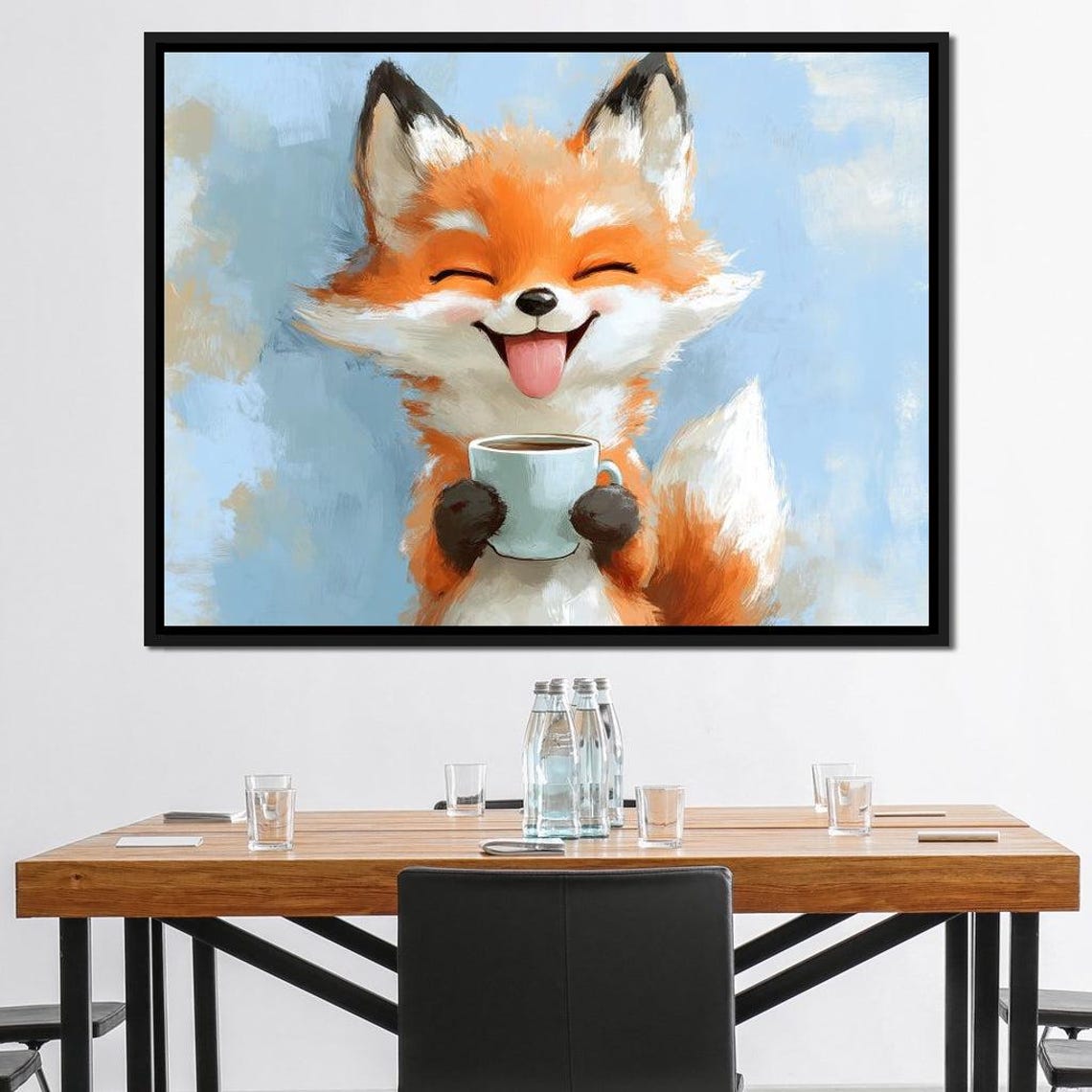 Smiling Red Fox Holding Coffee Cup Cute Whimsical Nursery Art Print - Image 3