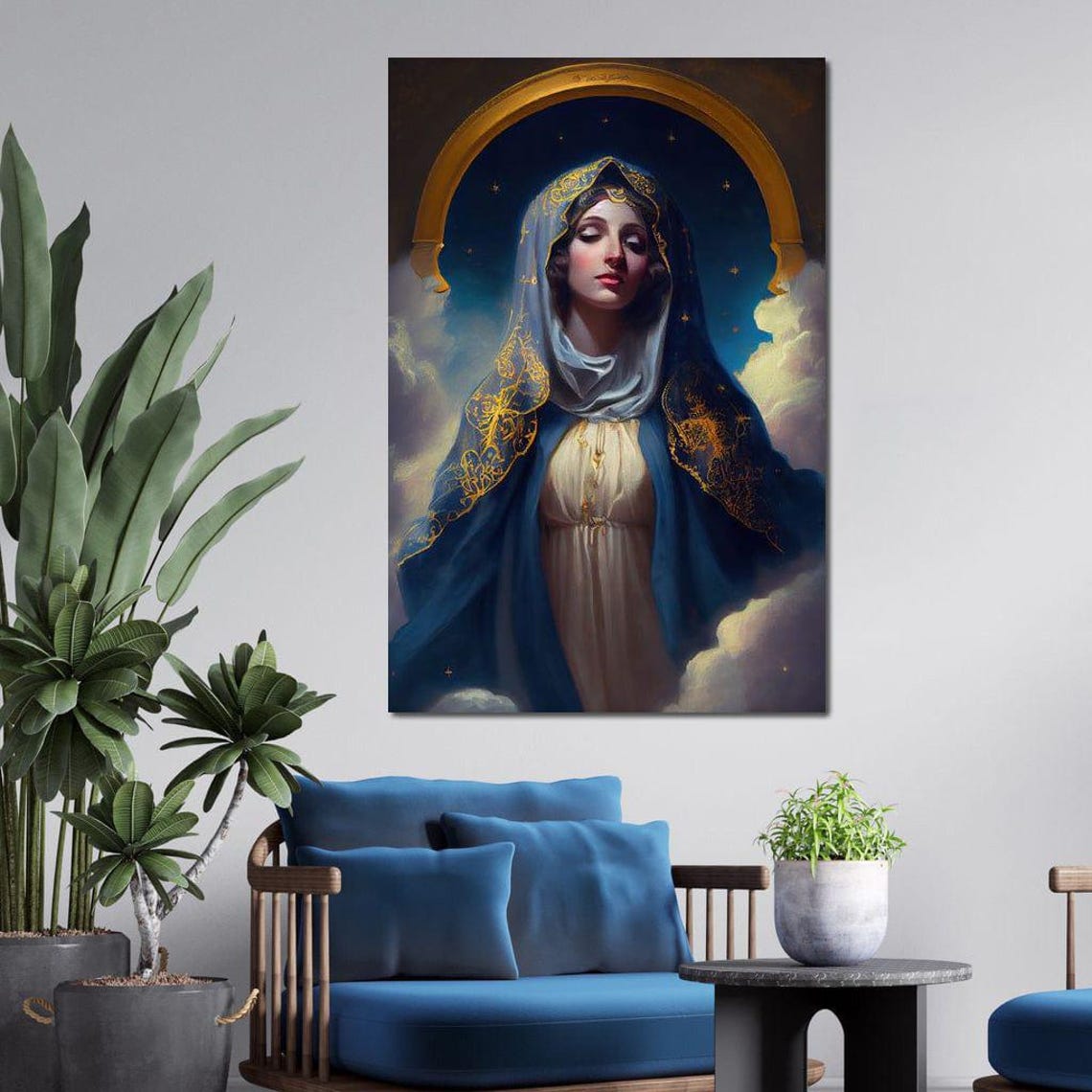 Virgin Mary Blue Mantle Golden Halo Clouds Heavenly Religious Wall Art