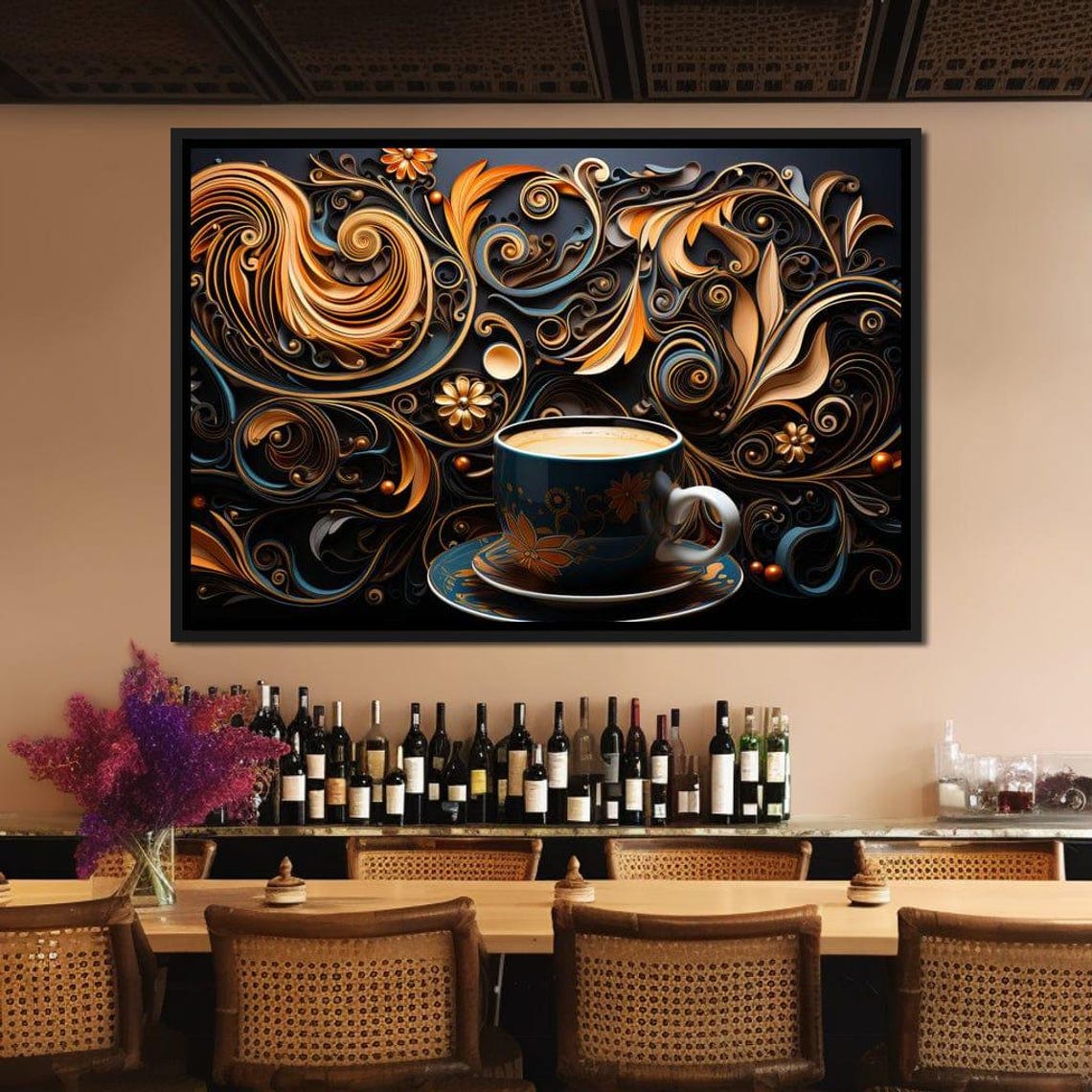 Ornate Coffee Cup Golden Swirl Black Background Kitchen Decor Poster - Image 3