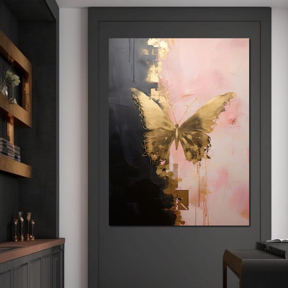 Golden Butterfly Abstract Art Black Pink Elegant Nature Wall Print - Image 4