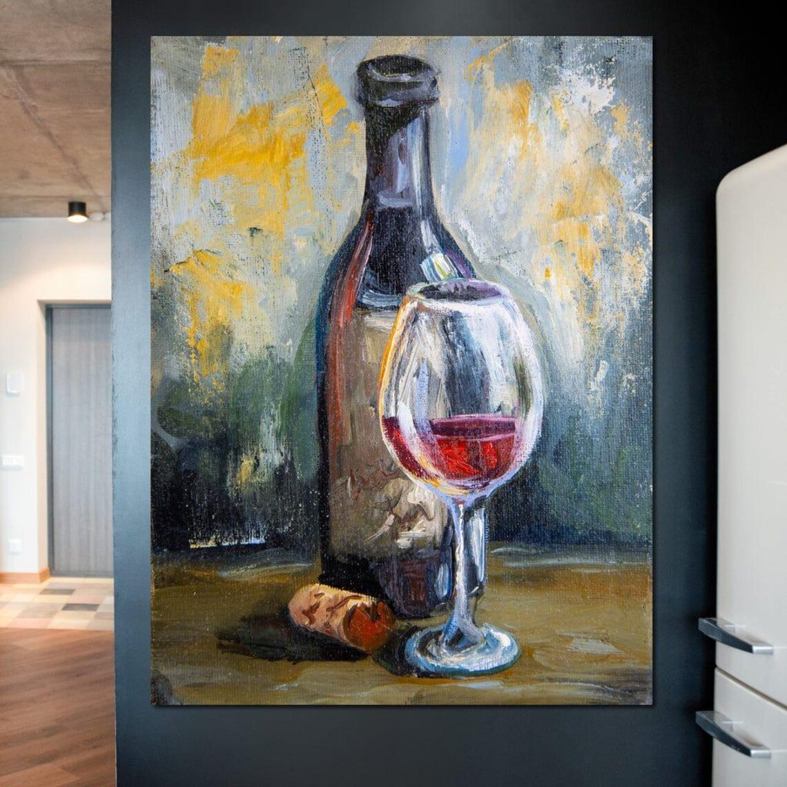 Red Wine Bottle Glass Still Life Oil Painting Vintage Home Bar Kitchen Wall Poster
