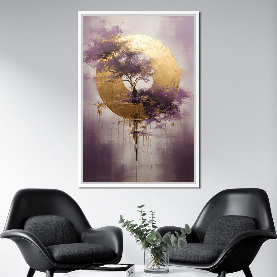 Golden Moon Tree Purple Mist Abstract Nature Wall Art Poster - Image 2
