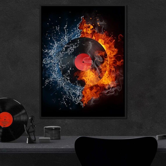 Vinyl Record In Fire And Water Dramatic Music Art Modern Wall Poster