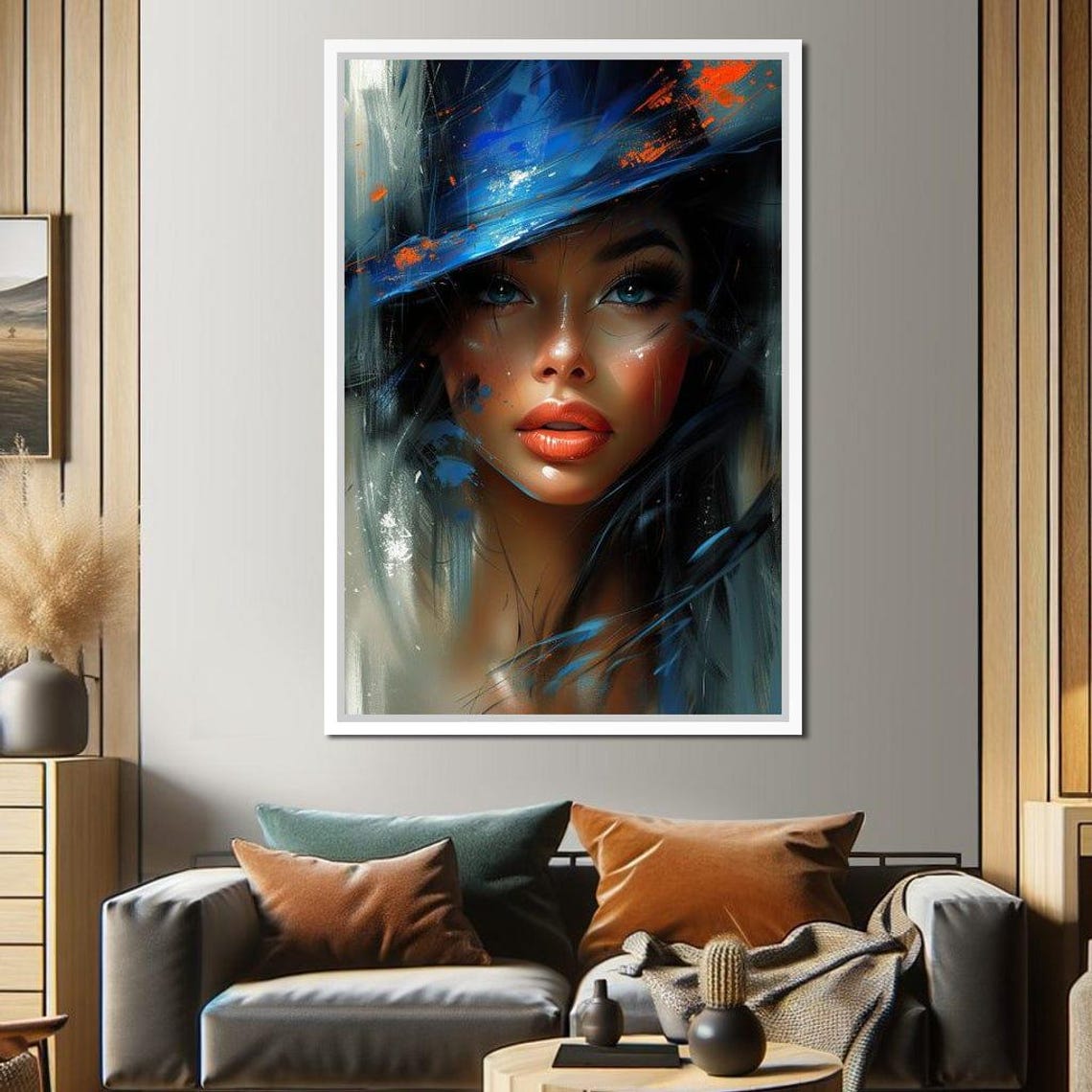 Mystic Blue Hat Beauty Sapphire Eyes Painterly Portrait Wall Art - Image 3