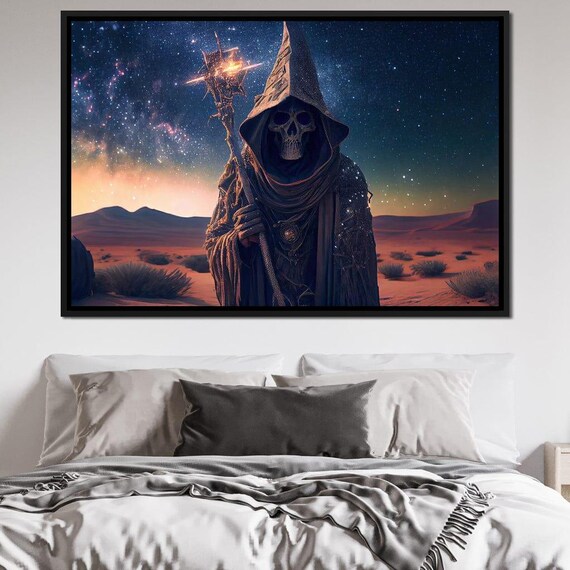 Skeleton Wizard Dark Magic Art Fantasy Wall Art Mystical Decor Vibrant Orange Blue Desert Scene Home Decor By Nichecanvas