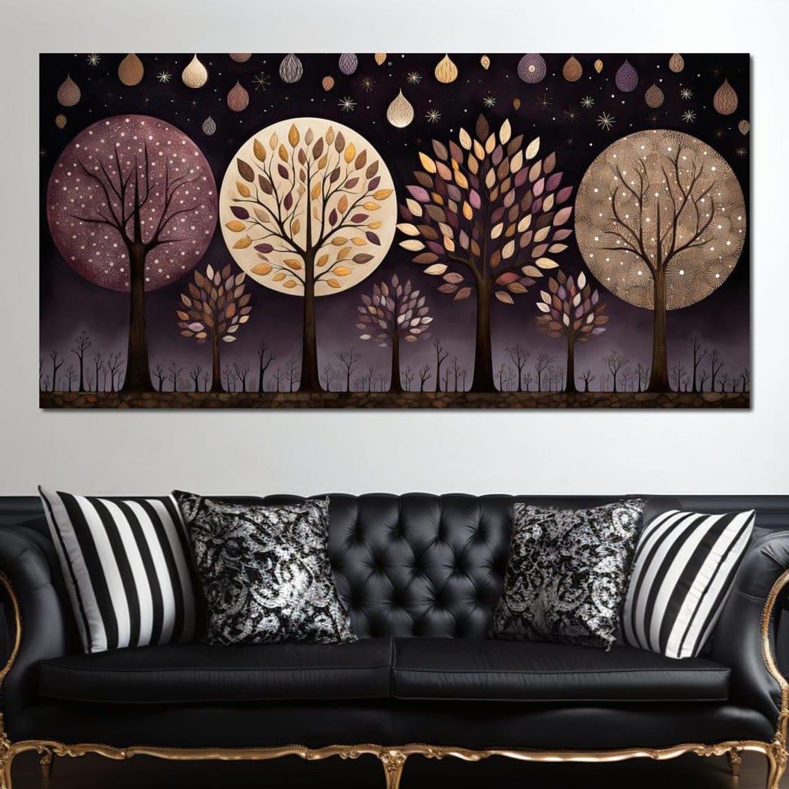 Four Seasons Stylized Trees Full Moon Starry Night Forest Wall Art - Image 4