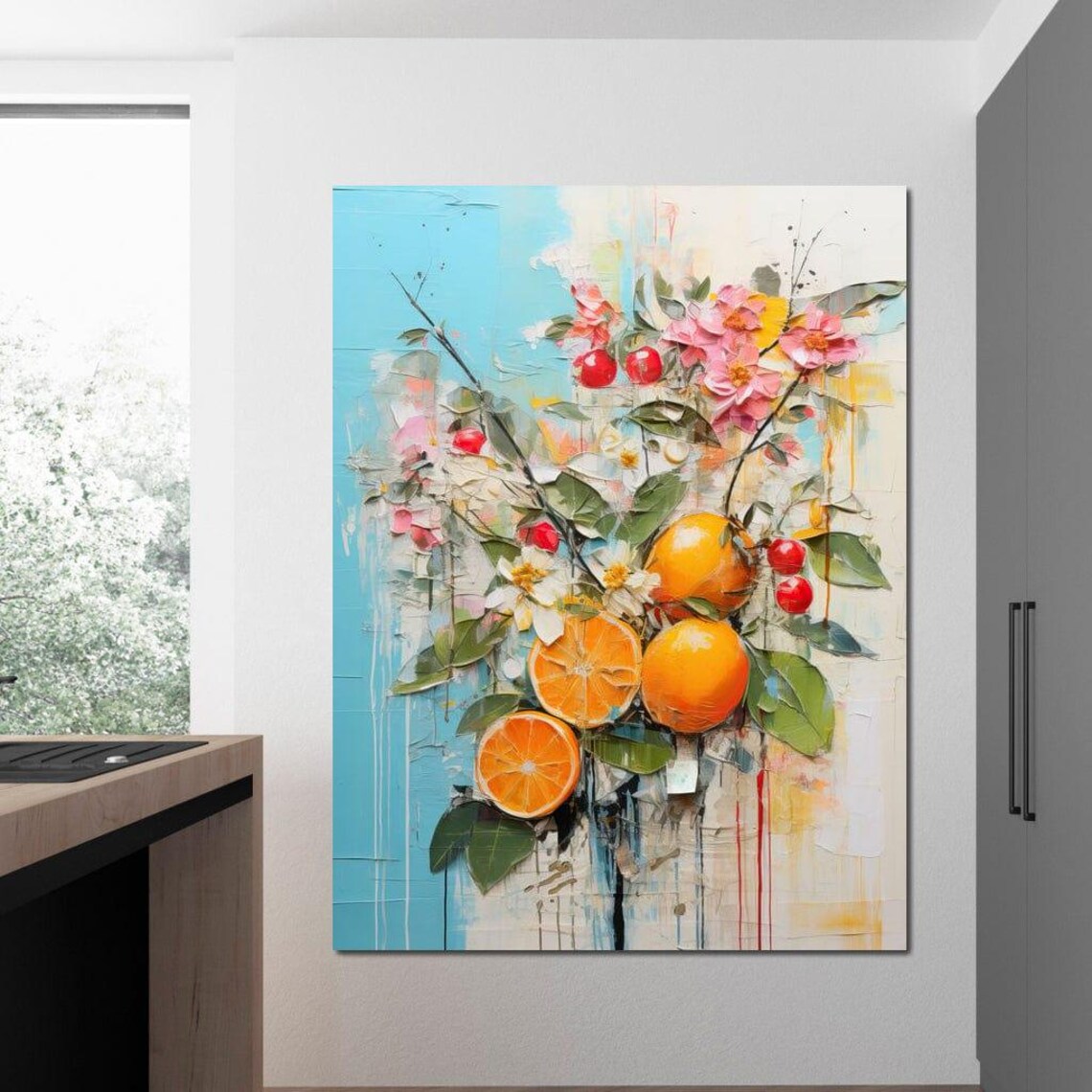 Orange Citrus Branch Blossom Painting Turquoise Kitchen Wall Art Print - Image 4