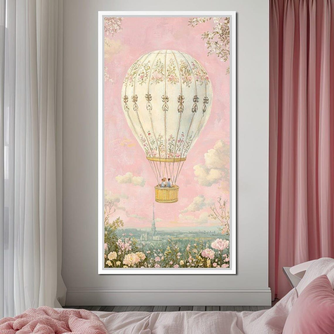 Dreamy Pastel Hot Air Balloon Pink Sky Floral Romantic Adventure Print - Image 3