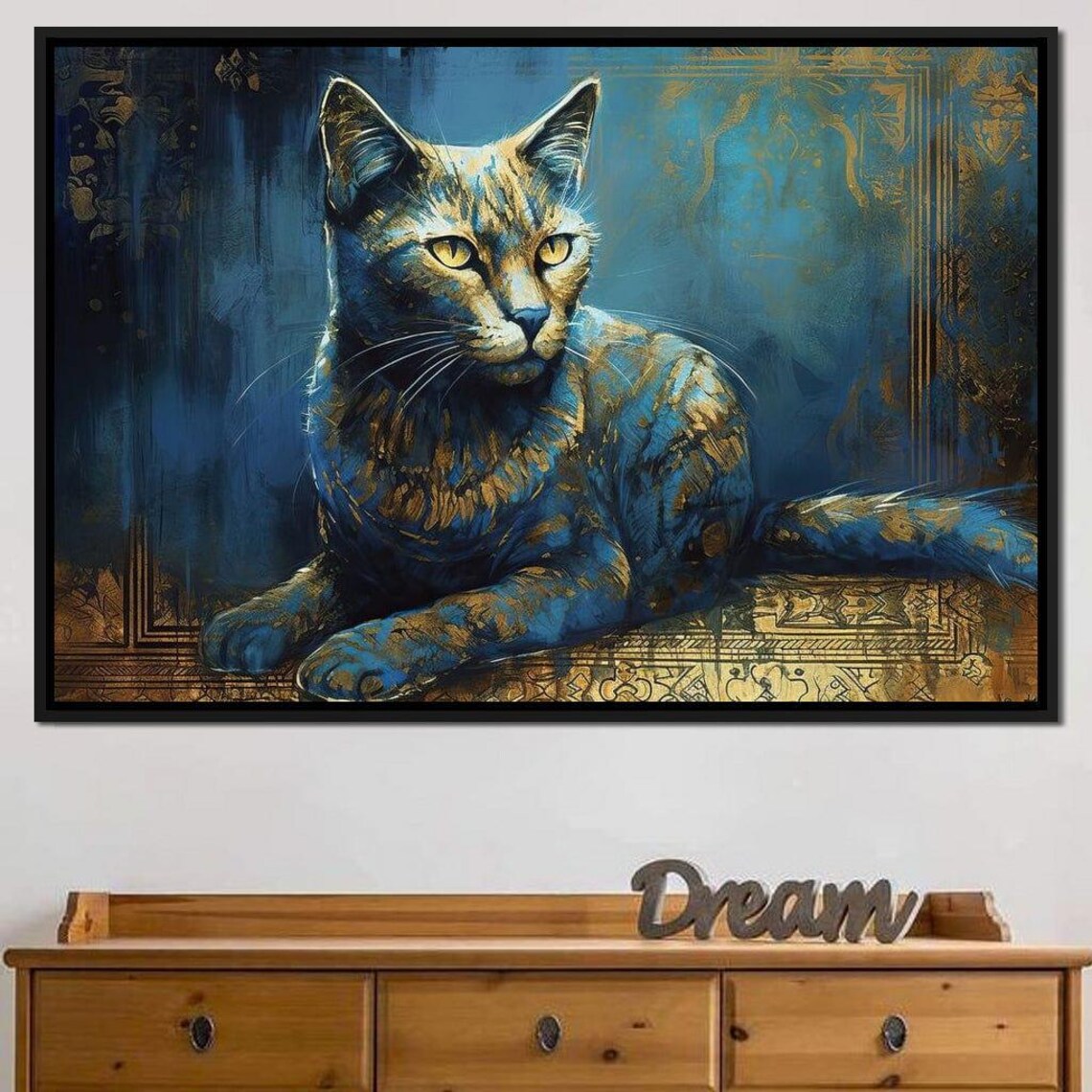 Regal Blue And Gold Cat Portrait Elegant Feline Art Whimsical Wall Print - Image 2