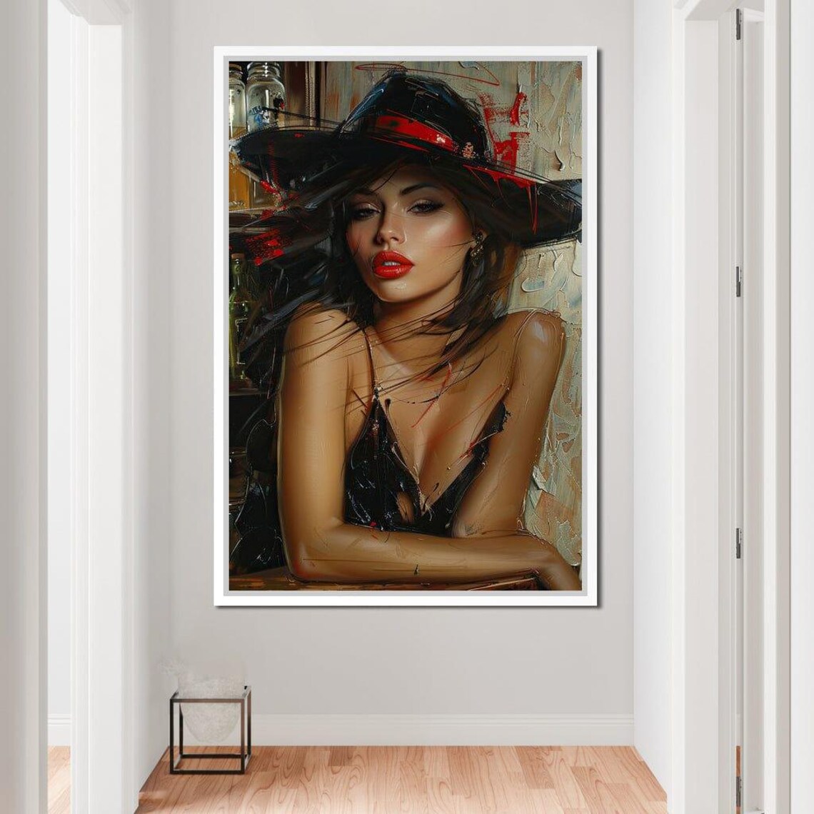 Black Fedora Femme Fatale Red Lips Fashion Portrait Wall Art - Image 2