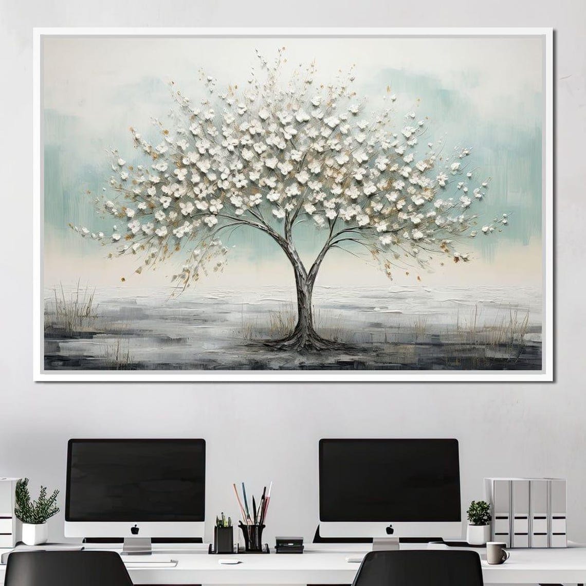 White Blossom Tree Mist Gray Minimalist Serene Botanical Wall Art - Image 3