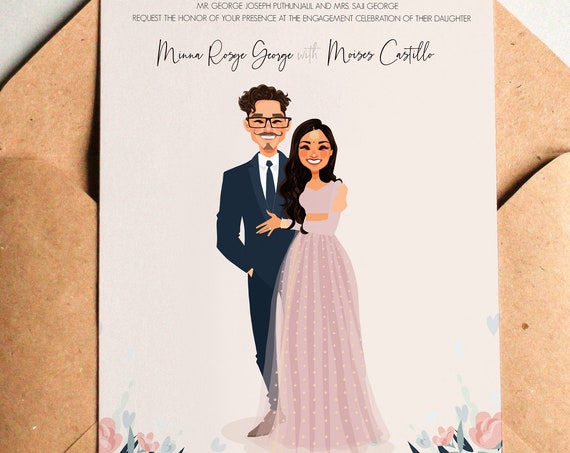 Custom Illustrated Wedding Invitation Couple Portrait Card Poster