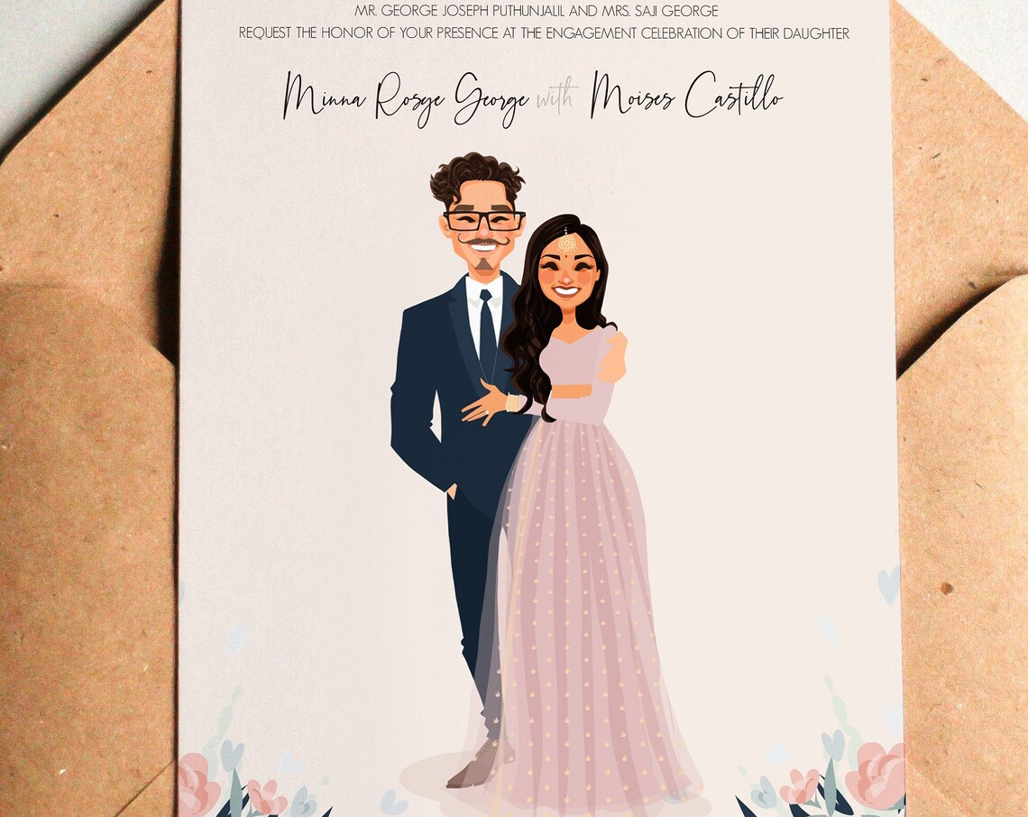 Custom Illustrated Wedding Invitation Couple Portrait Card Poster