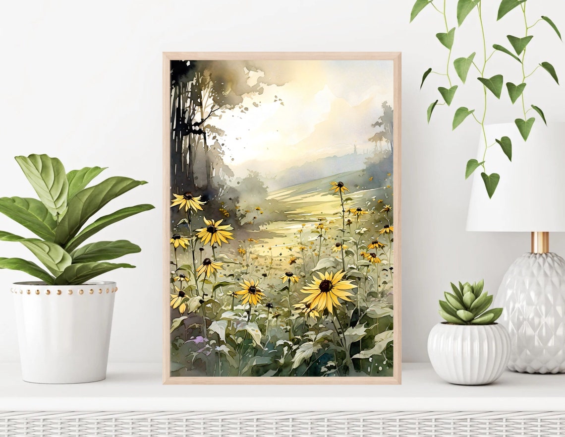 Yellow Wildflower Meadow Morning Mist Watercolor Field Art Poster - Image 2