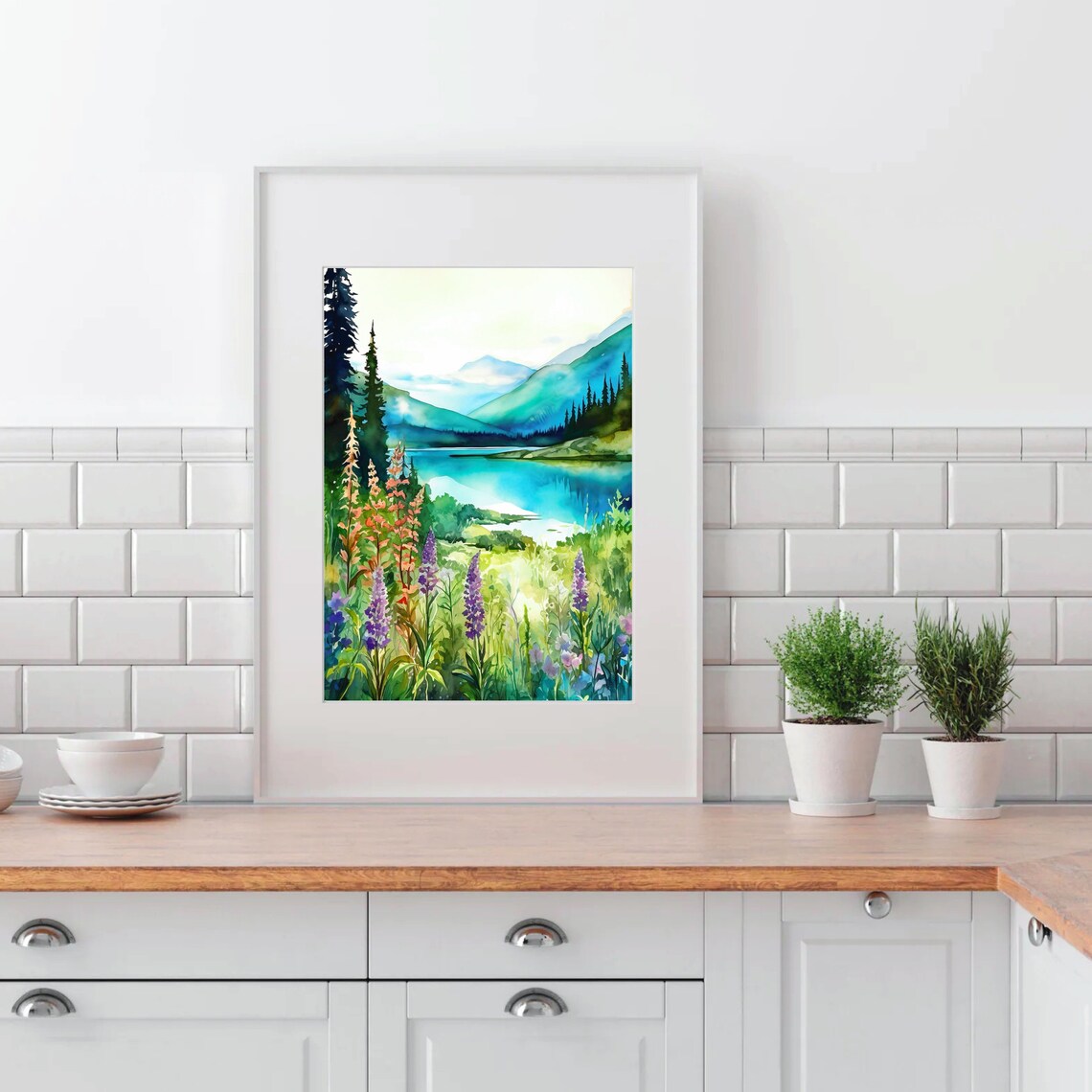 Mountain Lake Wildflowers Lupine Meadow Pine Forest Watercolor Poster - Image 3