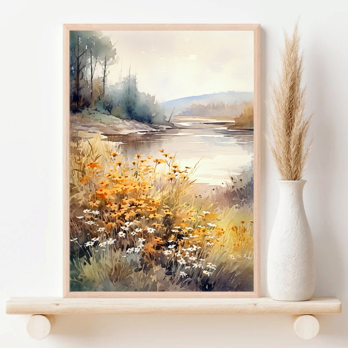 Golden Meadow Wildflowers Beside a Quiet River Watercolor Poster - Image 4