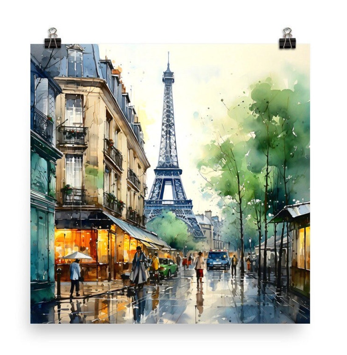 Paris Eiffel Tower Rainy Evening Street Cafe Watercolor Poster - Image 4