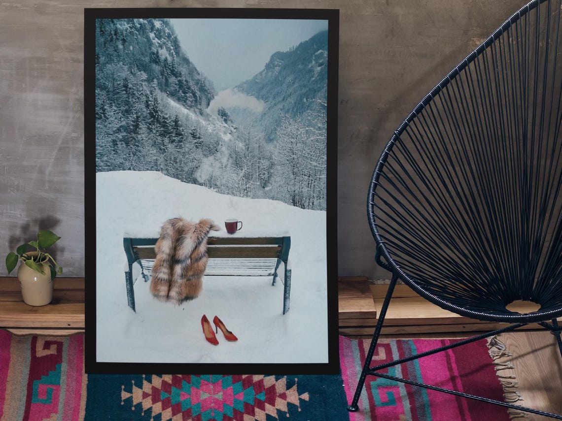 Snowy Mountain Valley Scenic Winter Coffee Moment Cozy Poster - Image 2