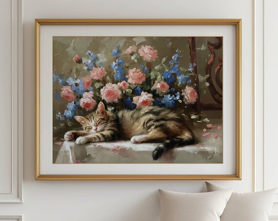 Tabby Cat Sleeping Among Pink Roses and Blue Delphinium Still Life Poster