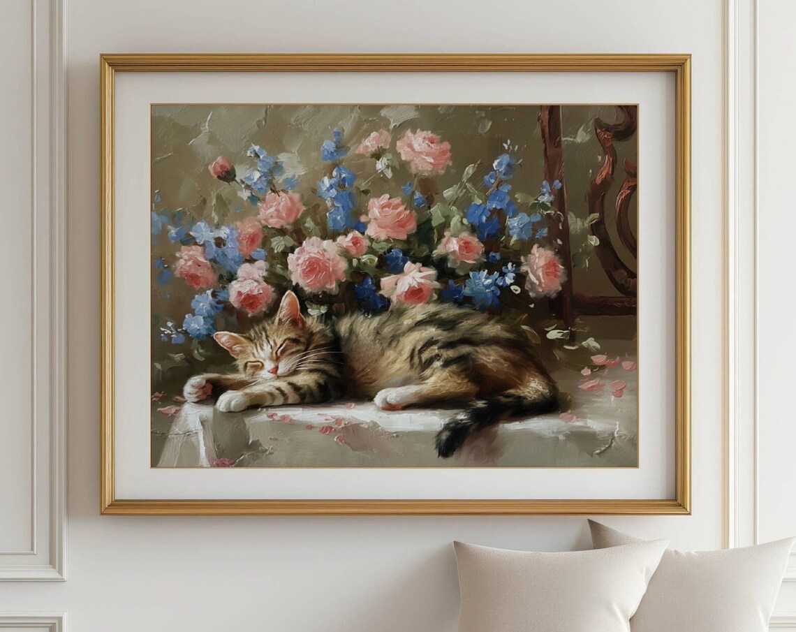 Tabby Cat Sleeping Among Pink Roses and Blue Delphinium Still Life Poster